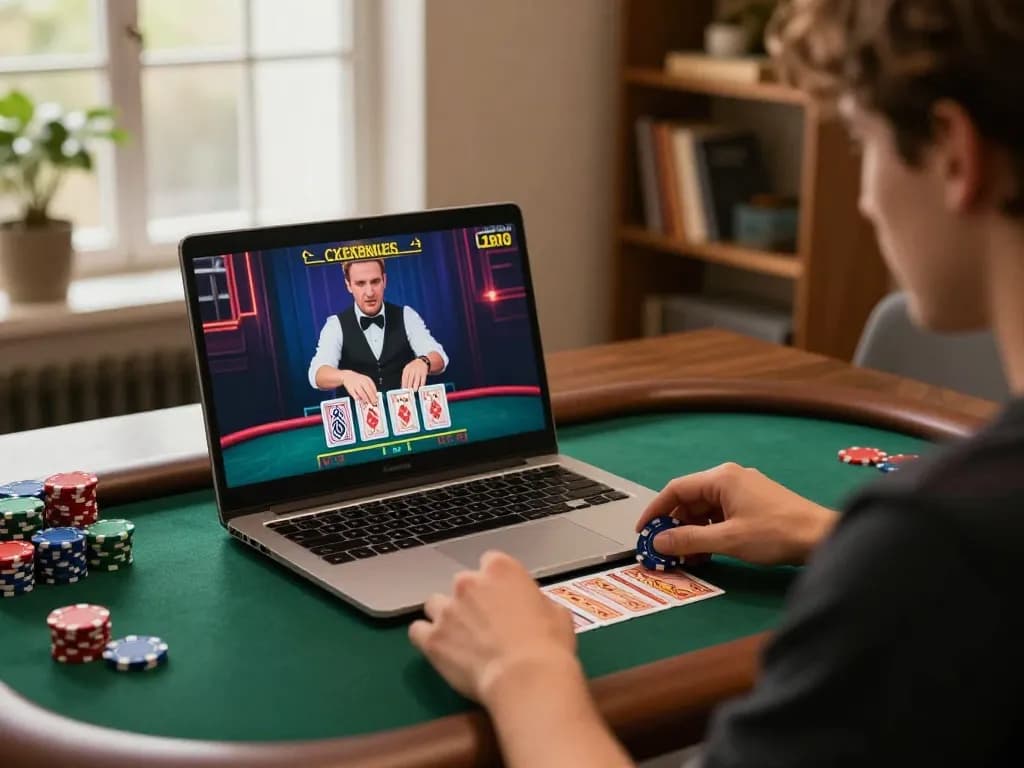 Pemain Bintangmpo menikmati permainan dealer langsung di laptop, terlibat dalam perjudian online yang mendebarkan.