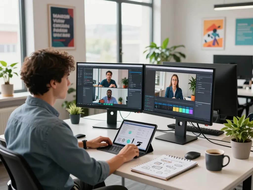 Professional analyzing video to promptgenerator software in a modern office