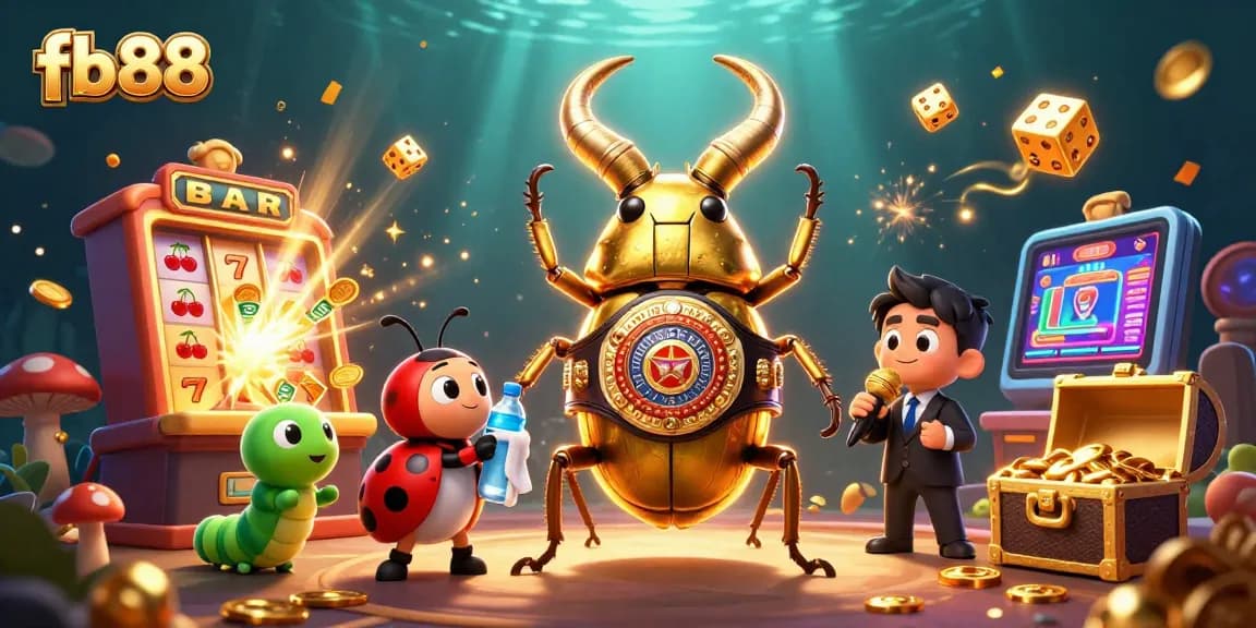 Experience the thrill at fb88 with a vibrant casino battle scene featuring a unique golden stag beetle and gaming elements.