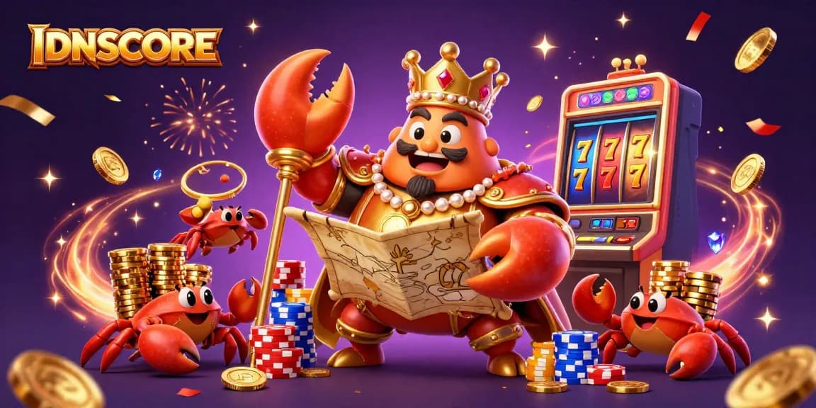 IDNSCORE offers thrilling gameplay with a golden crab emperor and exciting slot machine action.