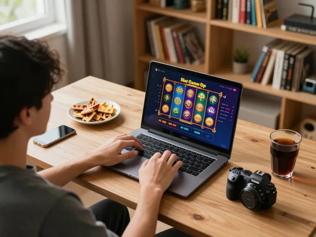 Engaging with Slot Gacor Dewagg at home on a laptop, showcasing an inviting gaming atmosphere.