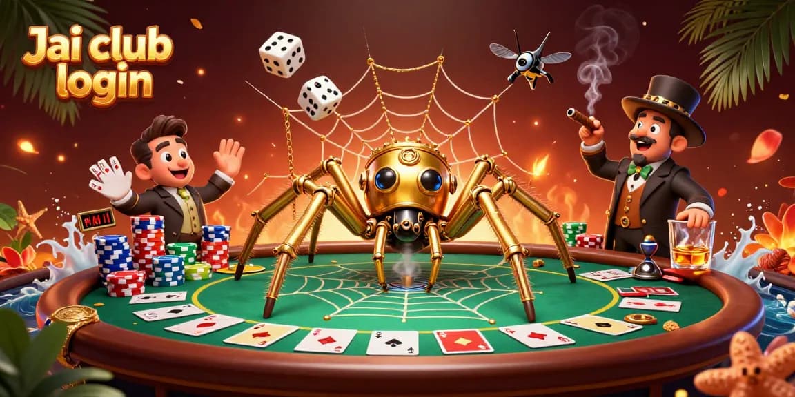 Engage in thrilling gameplay with Jai club login, featuring a steampunk spider, poker chips, and vivid illustrations
