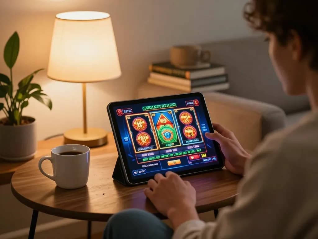 Playing virtual slots on 98win com in a cozy home setting with warm lighting and personal touches.