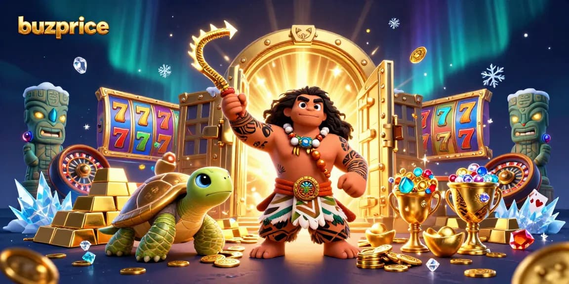 buzprice presents an immersive 3D casino scene filled with gold treasures, slots, and vibrant characters.