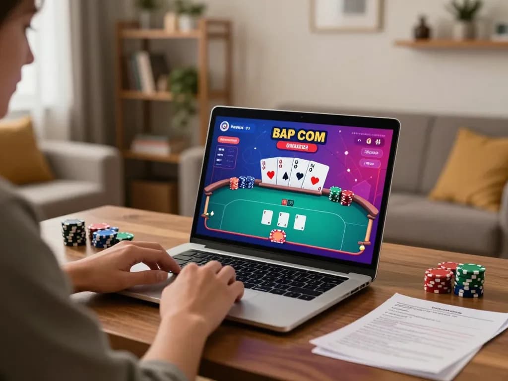 Engage in strategic poker gameplay at home with fabet on a laptop, cozy setting enhancing the experience.