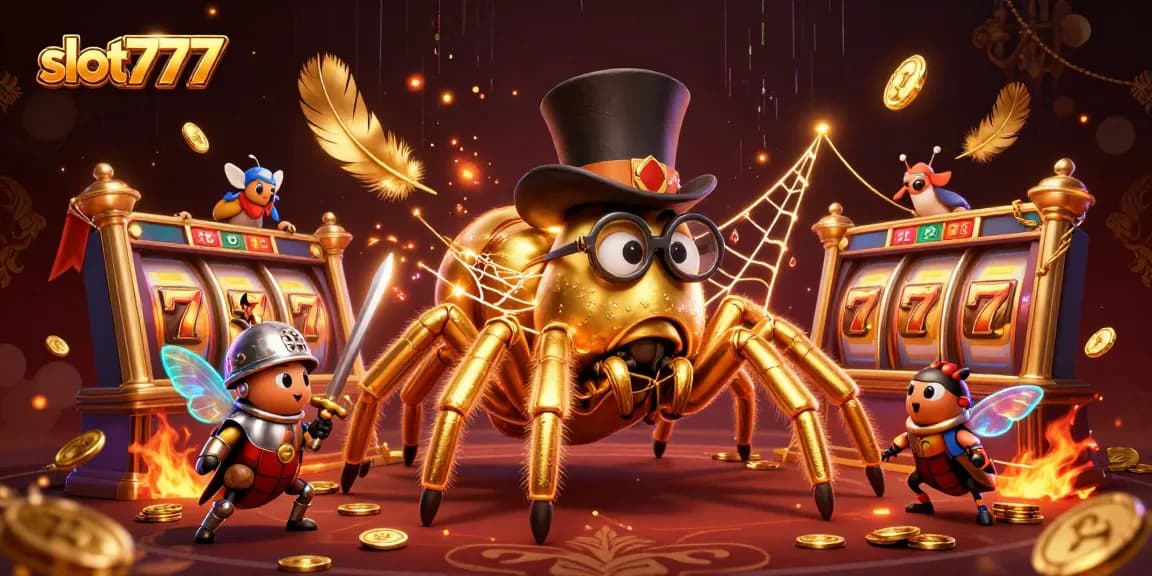 Win big with slot777 in this vibrant casino scene featuring golden tarantulas and beetle knights.