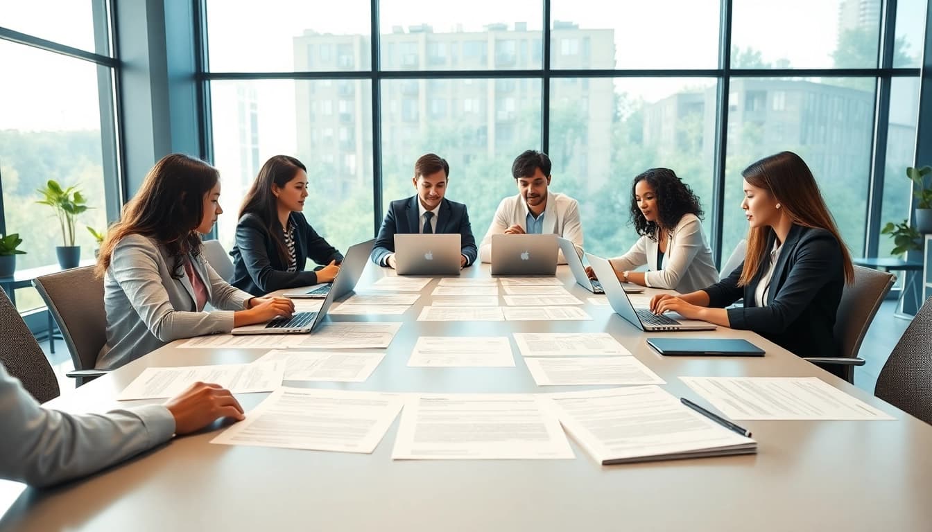 Team collaborating on contracts and grants in a bright, modern office setting.
