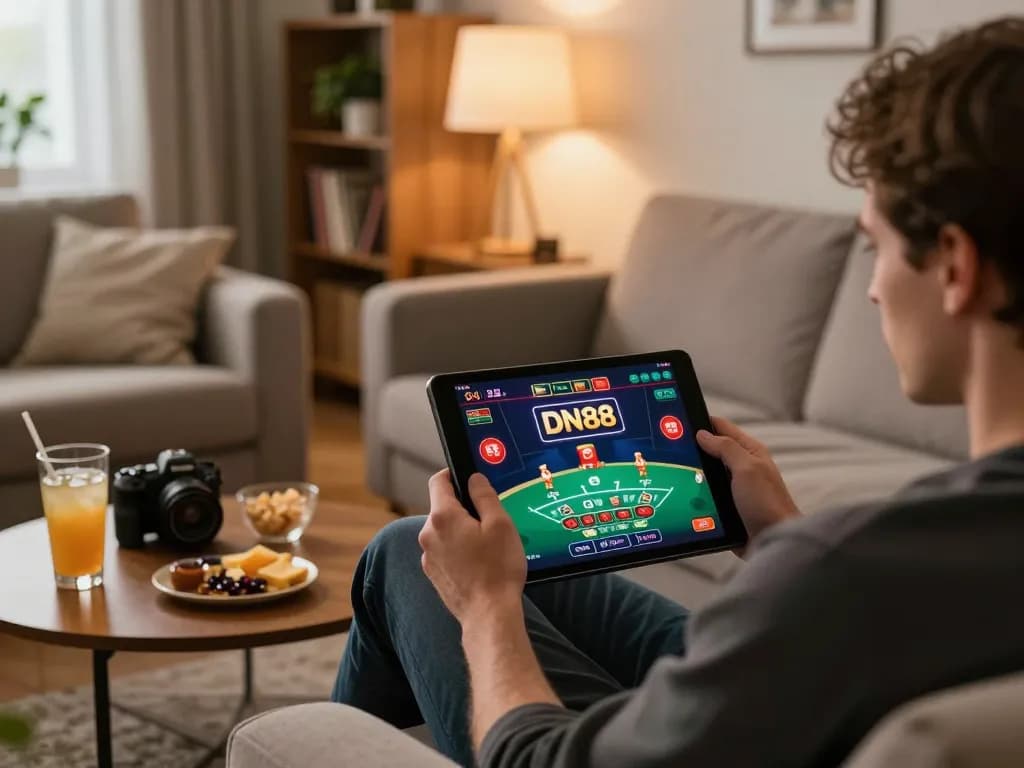 Player engaging with DN88 casino app on tablet, showcasing live dealer blackjack experience at home.