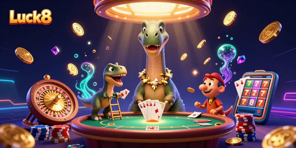 Experience the excitement at Luck8 casino with dynamic elements like golden jackpots and vivid scenes.