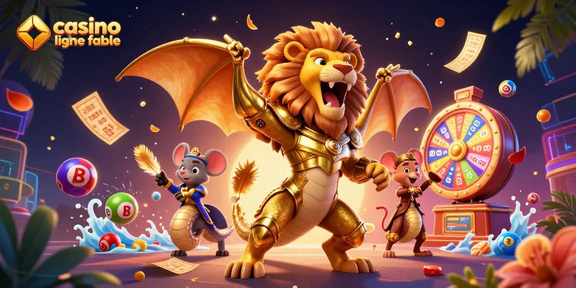Découvrez le casino en ligne fiable avec des éléments de jeu colorés dans une illustration dynamique.