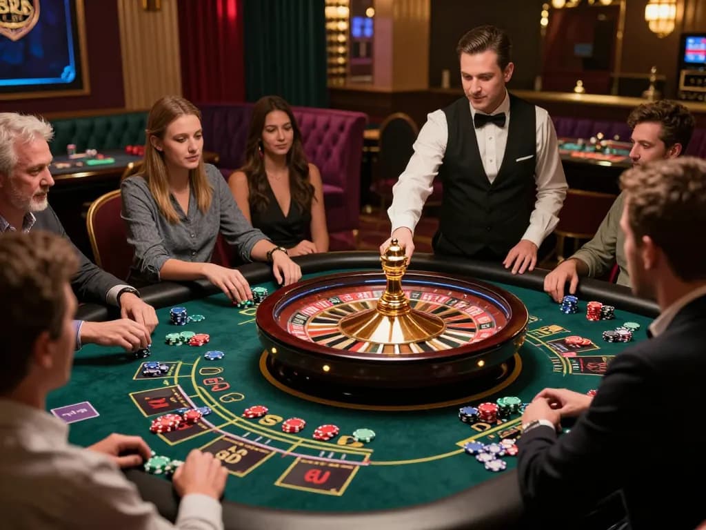 Experience the excitement at ALO8 casino with players at a dynamic roulette table, betting chips in action.