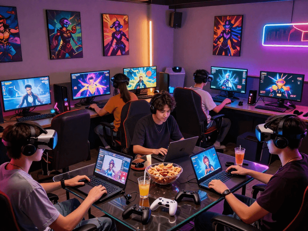 Group playing sex games in a vibrant gaming lounge environment.