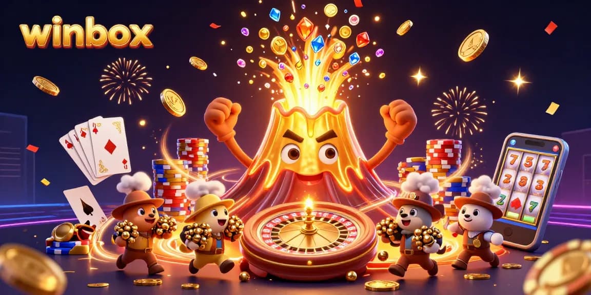 Winbox delights gamblers with a vibrant scene of a volcano erupting gold and treasures.