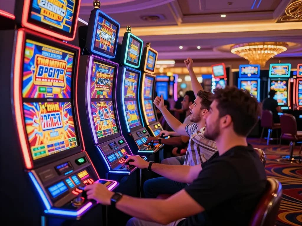 Engaged players enjoying slot machines, vibrant lights and colors creating an exciting casino atmosphere.