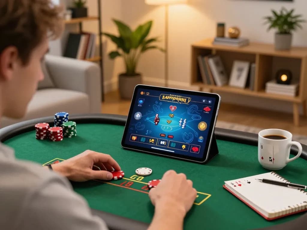 Engaging in a poker game on 888top from a cozy home setting with strategic notes.