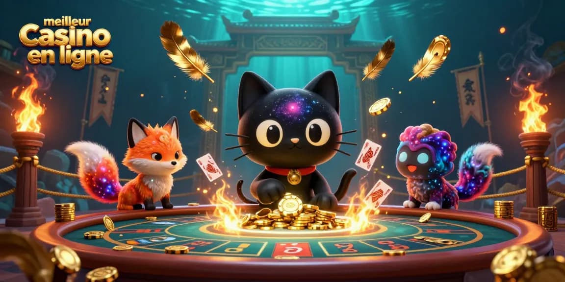 Découvrez le meilleur casino en ligne avec une illustration d'un chat noir trou de ver attirant les jetons d'or dans un univers de casino dynamique.