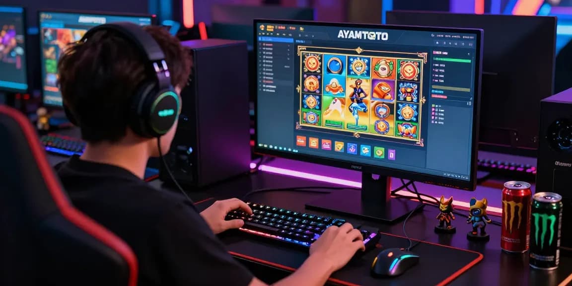 Pengalaman bermain AYAMTOTO login yang seru dengan gamer menggunakan komputer dan headset gaming.