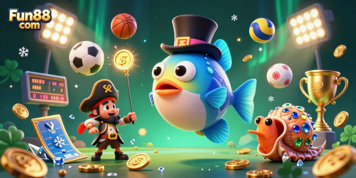 Experience Fun88 com with this vibrant casino-themed illustration featuring dynamic sports betting elements.