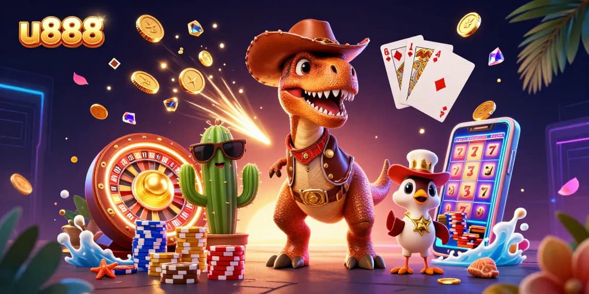 Experience thrilling u888 gaming with a cartoon dinosaur and friends surrounded by casino elements.