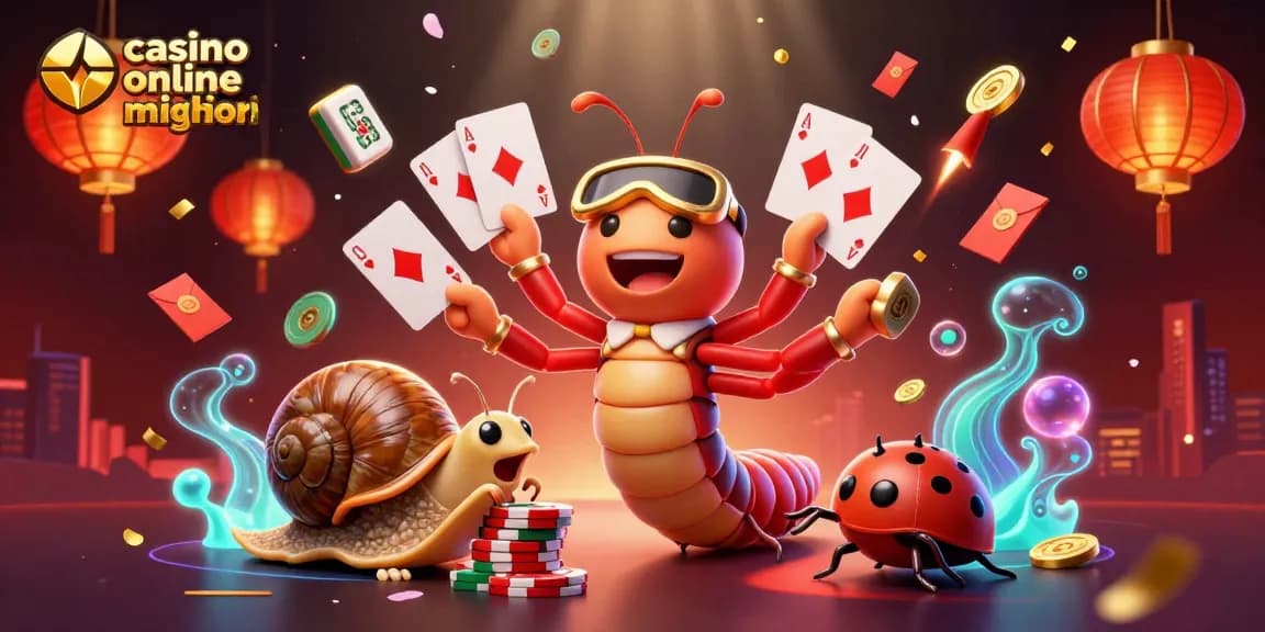 Scopri i migliori casinò online con un dealer milipede e un'ambientazione dinamica di giochi e festeggiamenti.