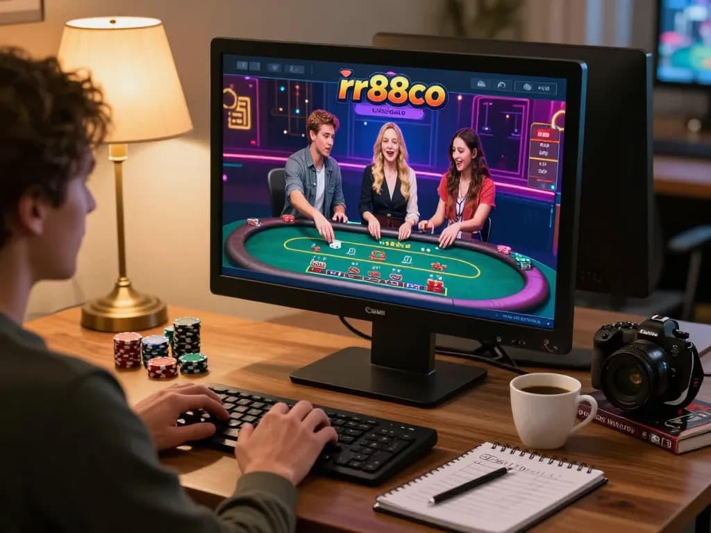 Engaging online casino gaming session at rr88co, vibrant interface on screen, warm ambiance.