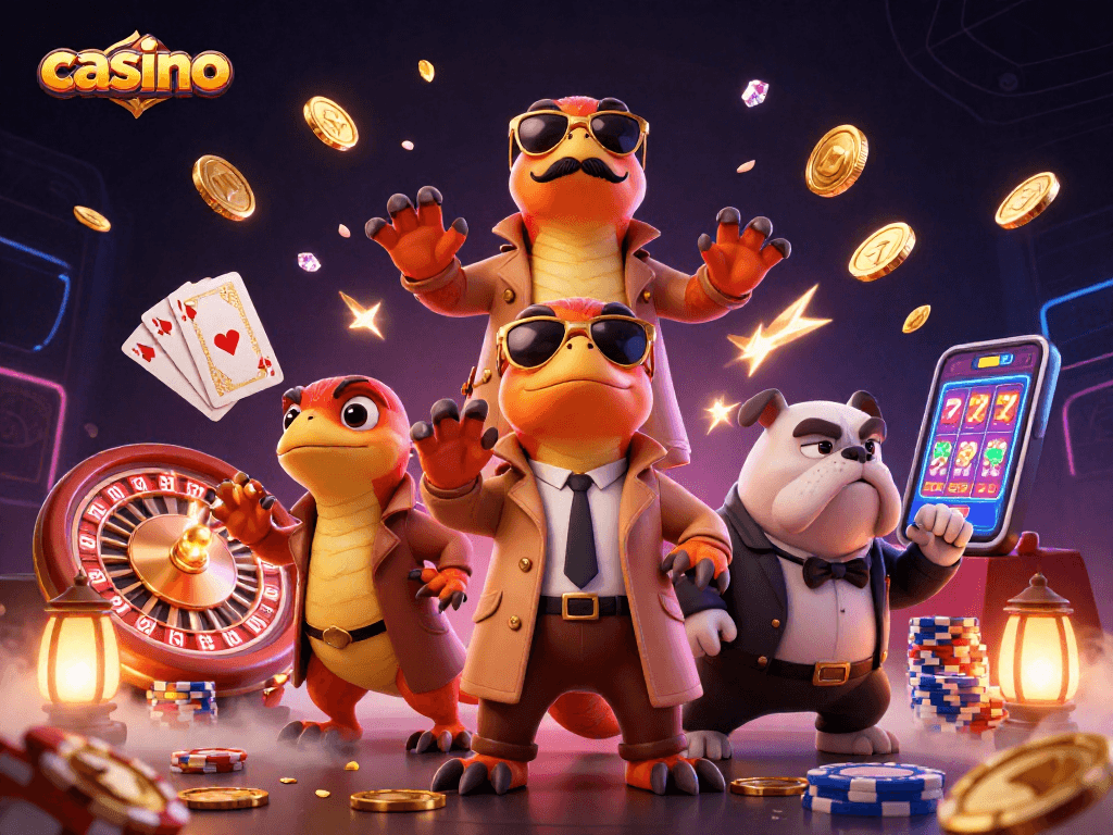 Raptors sneak into a casino lounge while coins and cards cascade around them in a vibrant scene.