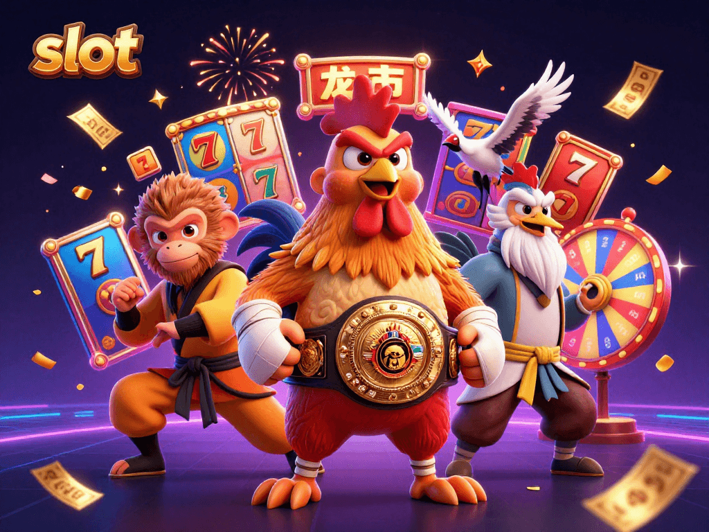 Spin colorful slot reels with dynamic action; Muay Thai rooster, Shaolin monkey, and crane master celebrate.