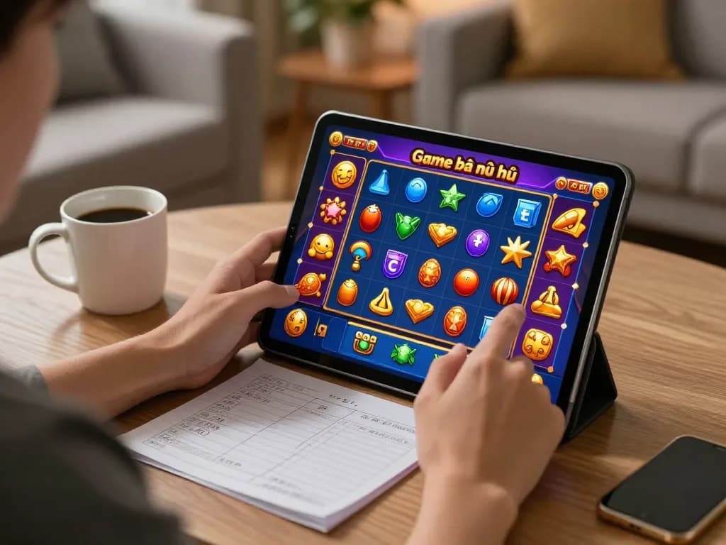 Engaging in Game bài nổ hũ online on tablet in cozy home setting, illustrating strategic gaming.