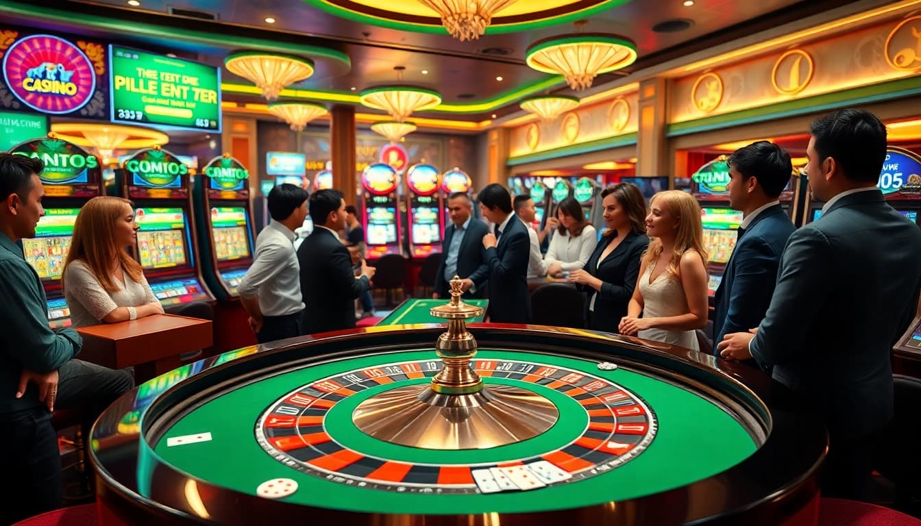 Players enjoying a game at a Non gamstop Casino Uk with vibrant roulette and slot machines.