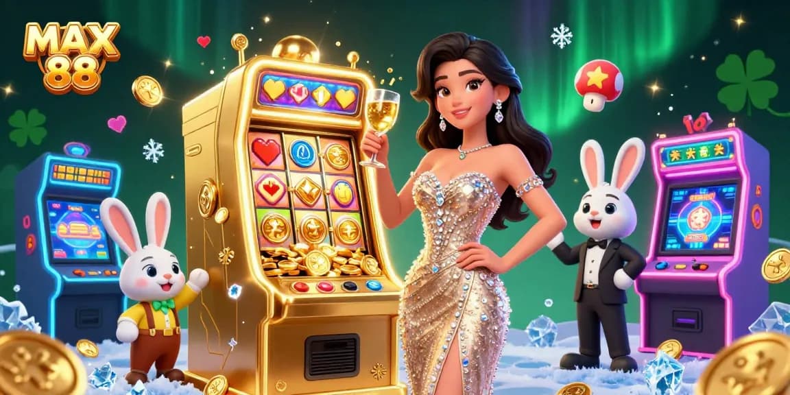 Experience thrilling slots with MAX 88 as beautiful characters toast in a vibrant casino scene.