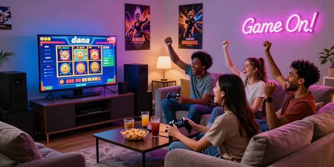Friends enjoying a gaming night playing slot dana games with colorful graphics in a cozy living room.