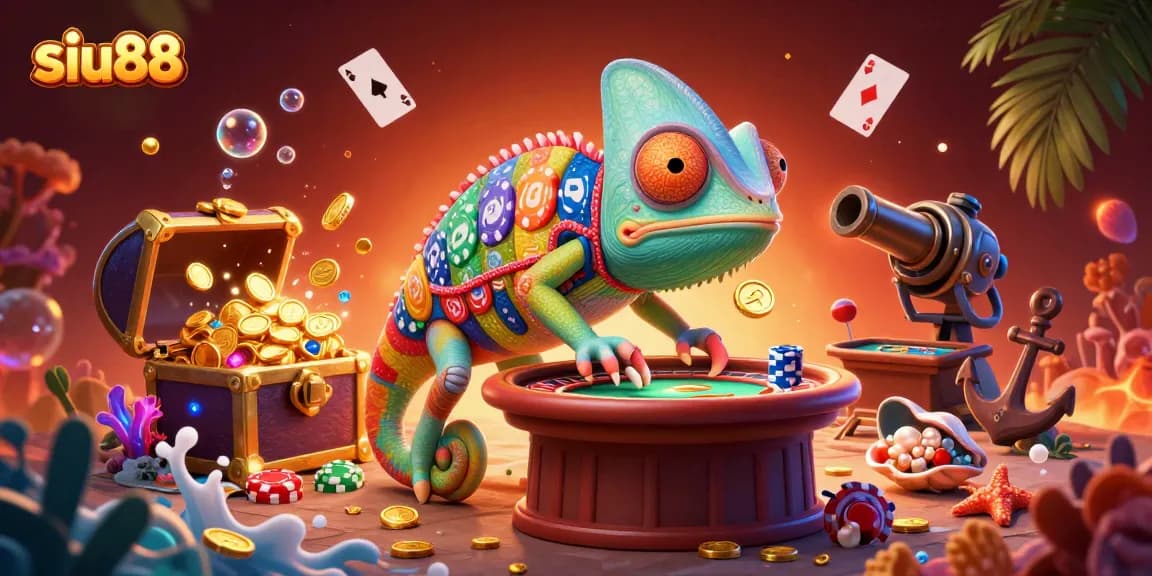 Siu88 players engage with a colorful 3D cartoon chameleon casino owner amidst gold treasure and playing cards.