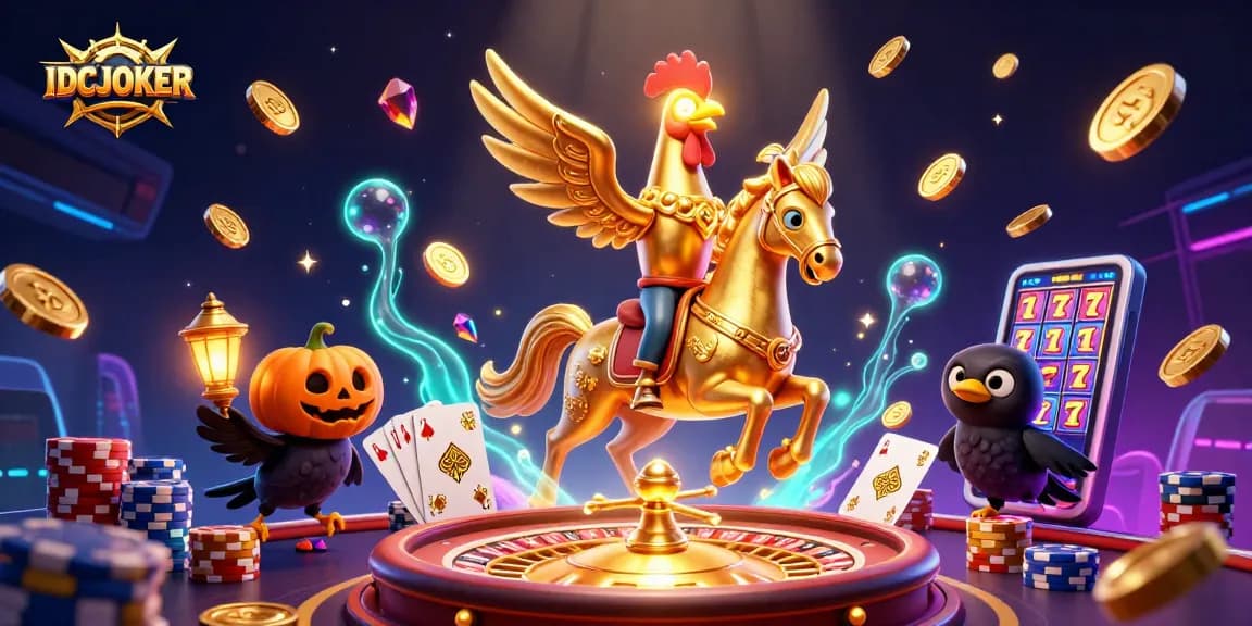 Engage with IDCJOKER's dynamic gaming experience featuring a golden rooster and vibrant casino elements.