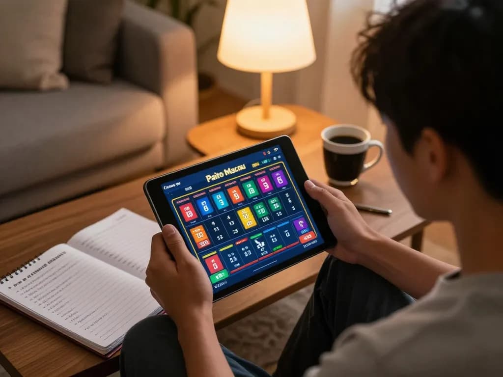 Paito macau gaming session with a player analyzing betting strategies on a tablet in a cozy home environment.