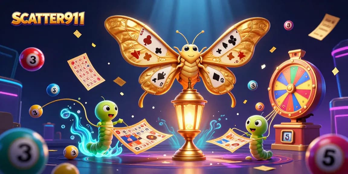 Engage with SCATTER911 through vibrant lottery scenes and dynamic casino elements in a 3D illustration.