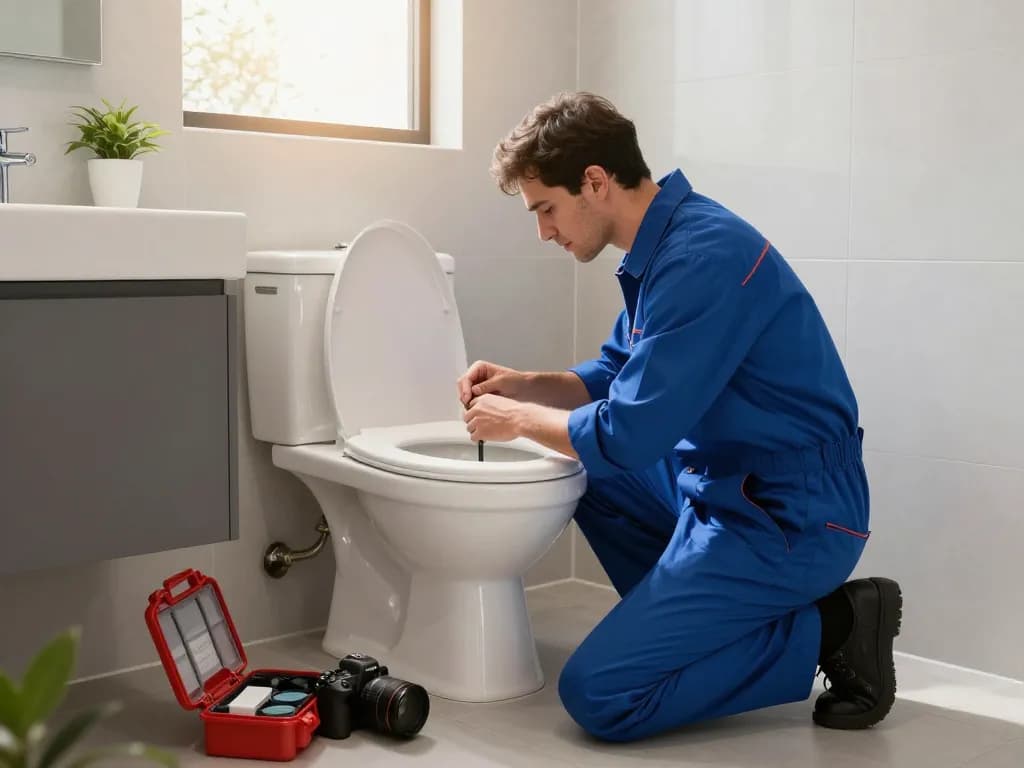 Expert professional toilet repair specialists in Sydney conducting a thorough inspection of a toilet in a modern bathroom.