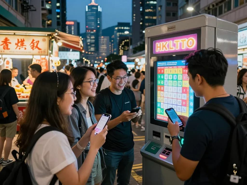 Group of friends engaging with HK Lotto kiosk in vibrant Hong Kong night scene.