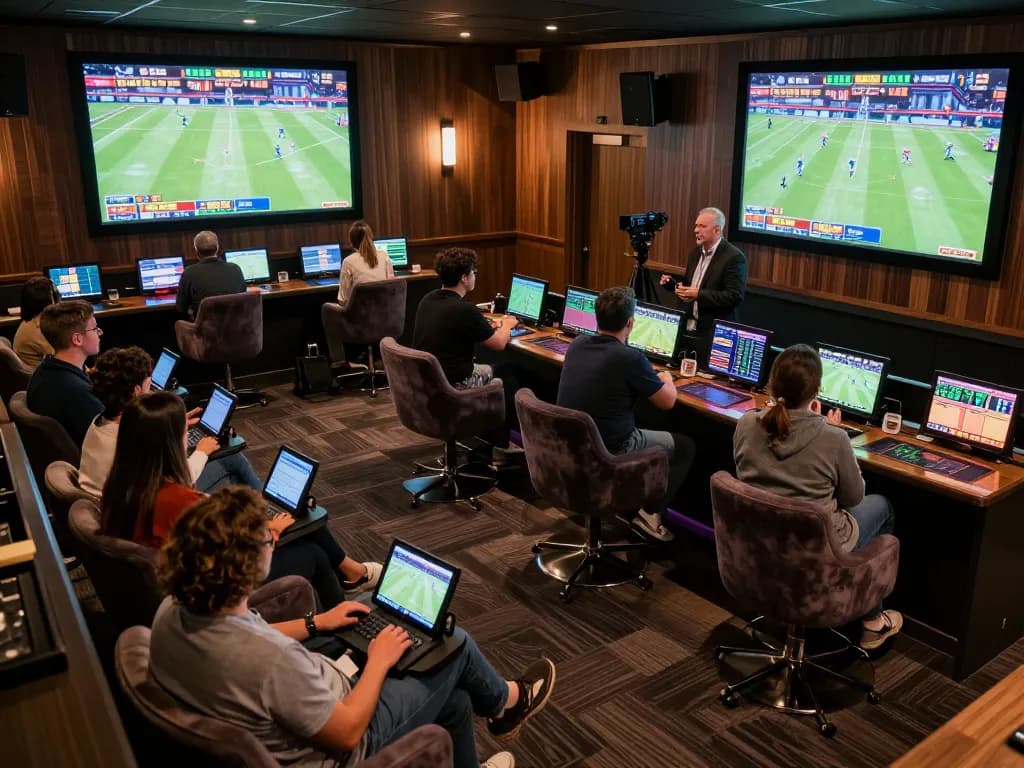 Betters engaging with live sports during a thrilling keobongda betting session in a modern lounge