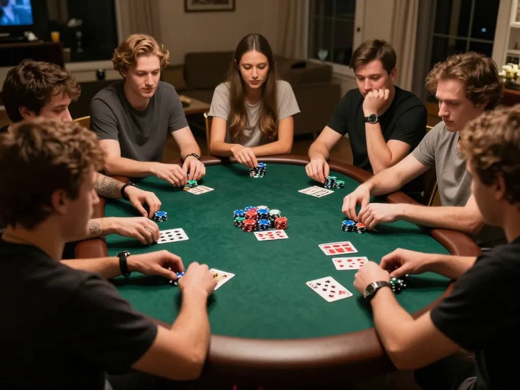 Togel betting scenario with friends enjoying a poker game, vibrant chips and cards laid out on the table.