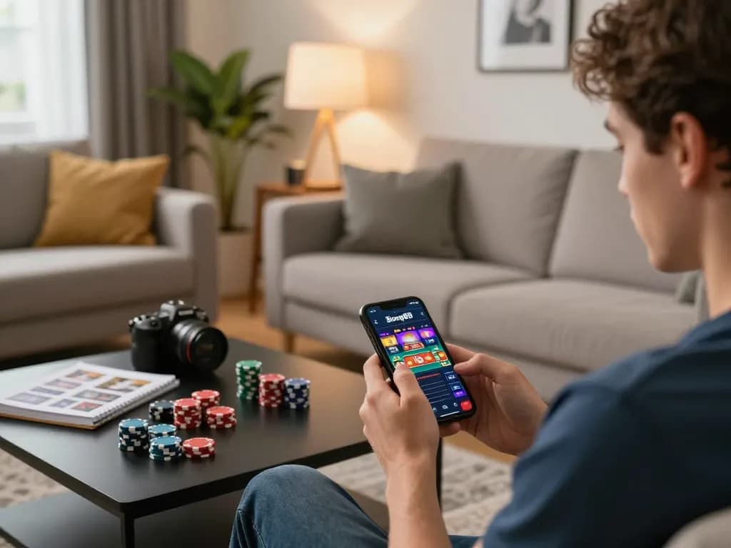 Bong88 mobile app showcased on smartphone during an intense at-home gaming session, with colorful casino game interface visible, conveying engaging online gambling experience.