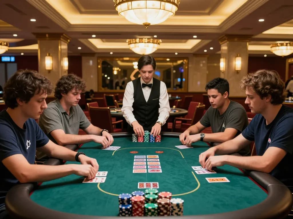 Players engaging in a tense poker game at ax88 casino with colorful chips and professional dealer.
