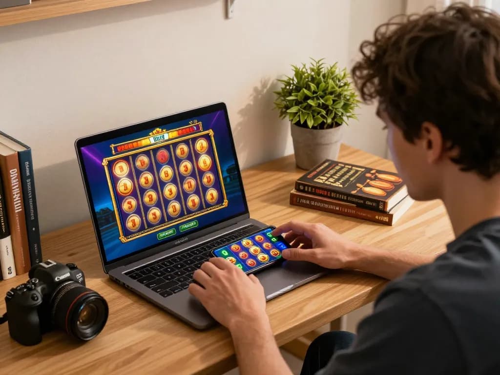 Player engaged in a thrilling session of toto slot games on a laptop, surrounded by gaming strategy notes.