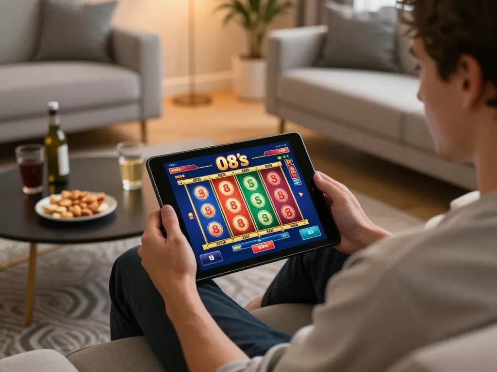 An individual enjoying O8's online slots on a tablet in a cozy living room setting.