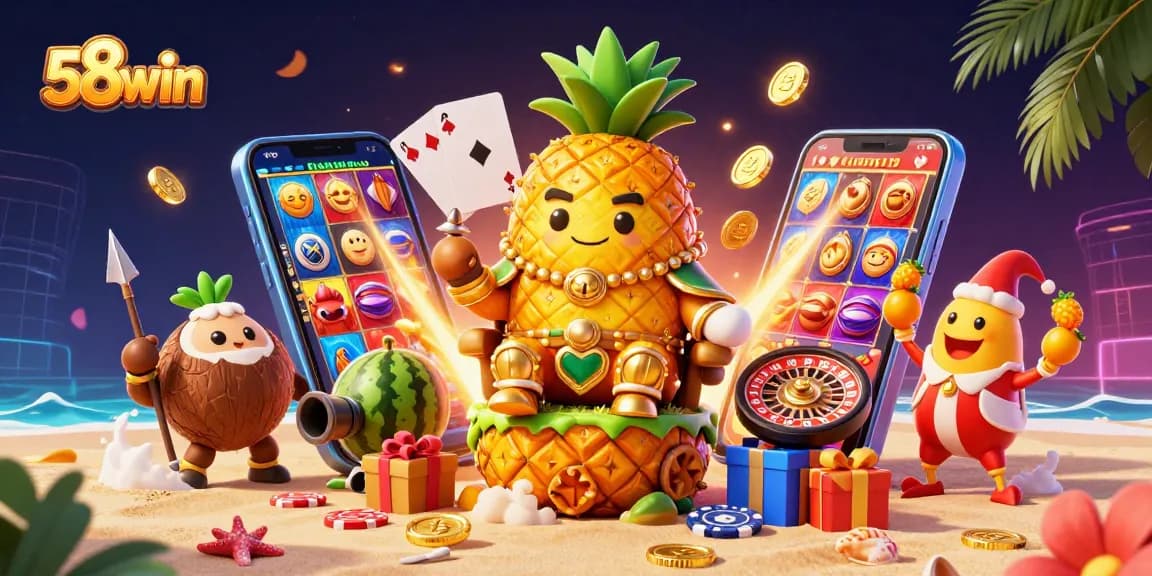 Engage with 58win's vibrant casino scene featuring a golden pineapple king and dynamic gaming elements.