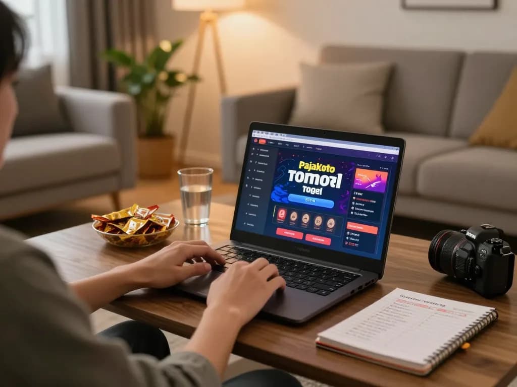 Pajaktoto togel gaming on a laptop in a cozy home setting with warm lighting and snacks