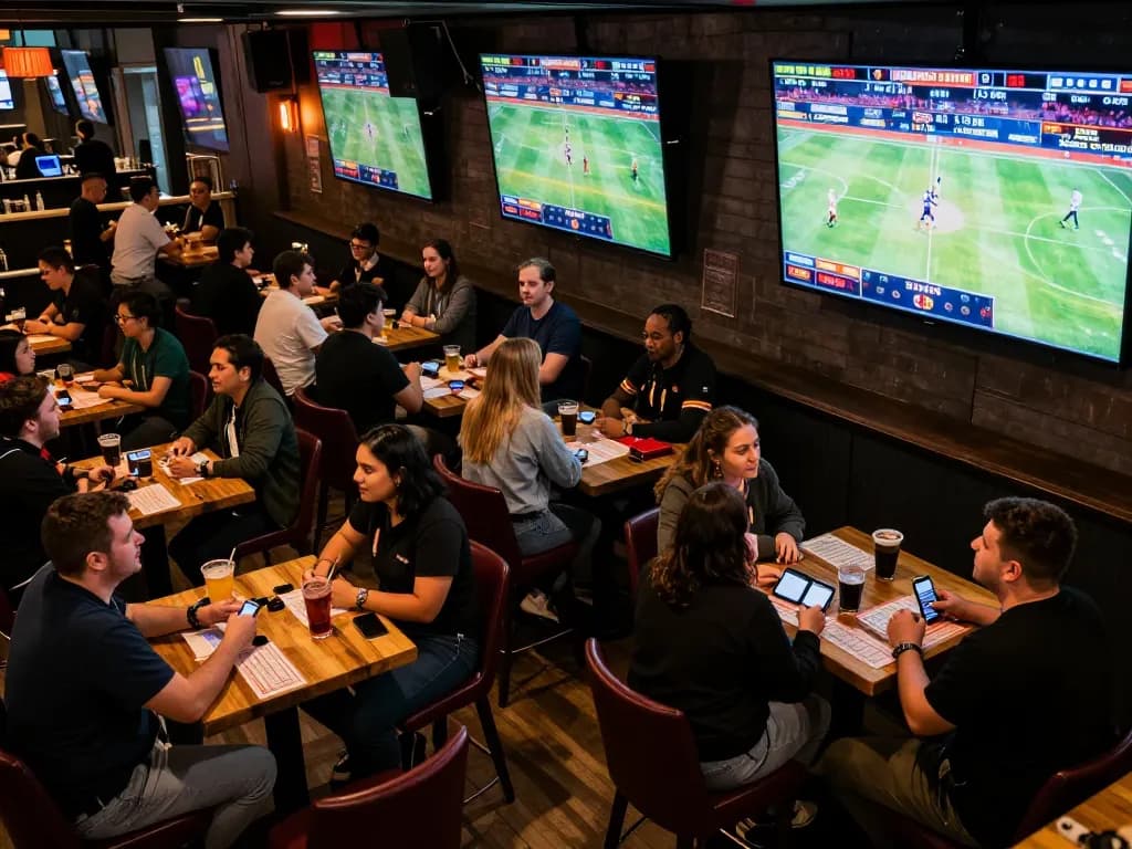 Sports enthusiasts analyzing odds on mobile devices at tylekeonhacai88, immersed in an exciting live sports betting atmosphere.