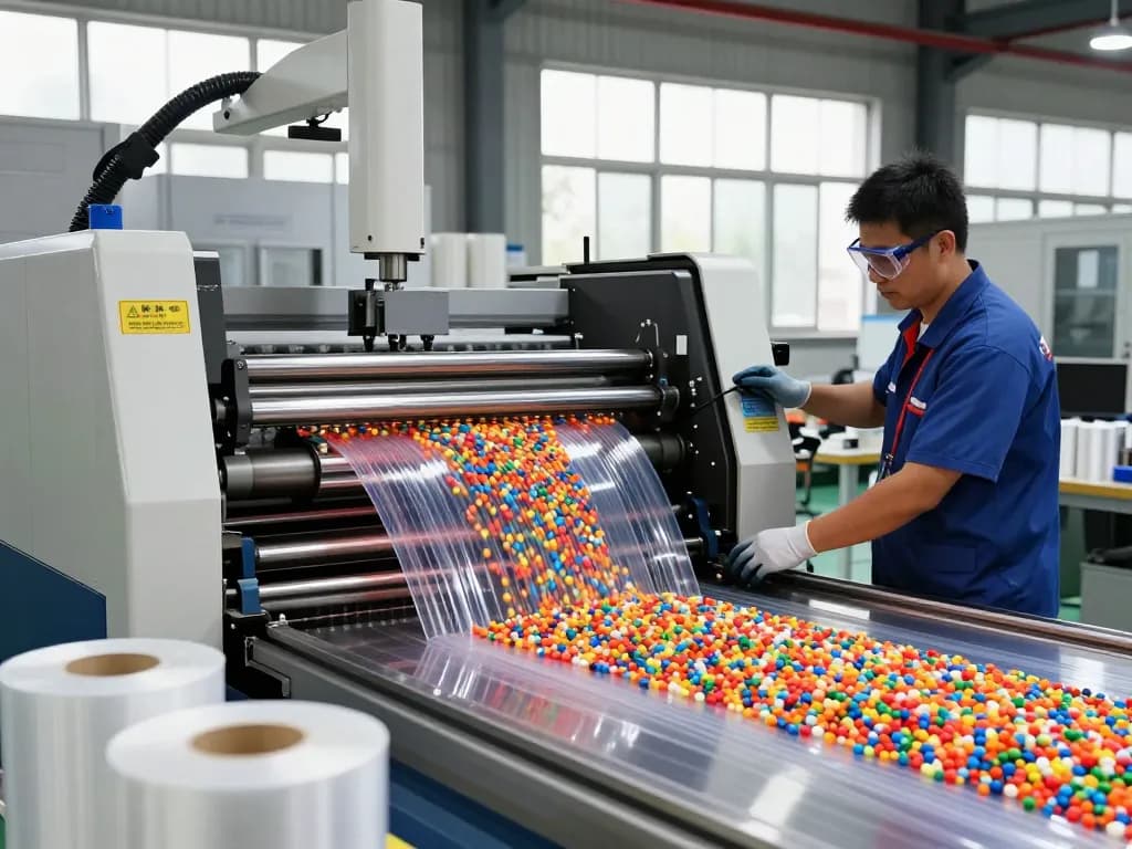 Bóc plastic manufacturing process with technician operating extrusion machine in industrial setting