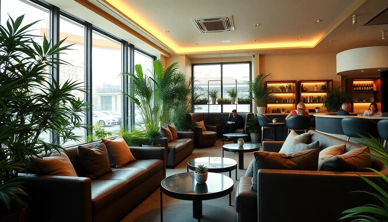 Relaxing atmosphere at Green Guyz Cannabis Club Madrid showcasing its modern lounge and greenery.