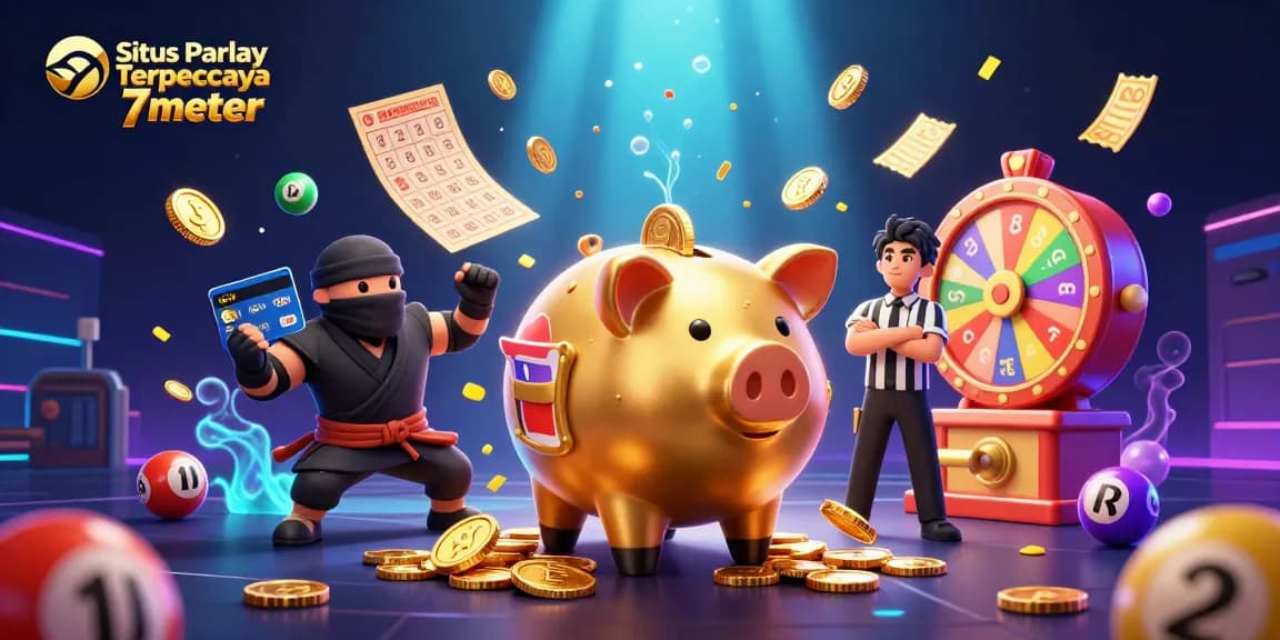 Situs Parlay Terpercaya 7meter showcases thrilling betting experiences with an energetic illustration featuring a golden piggy bank and dynamic betting elements.