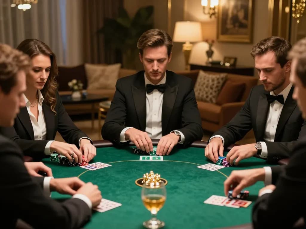 Players strategizing in a high-stakes bk8 poker game, showcasing luxury and focused gameplay